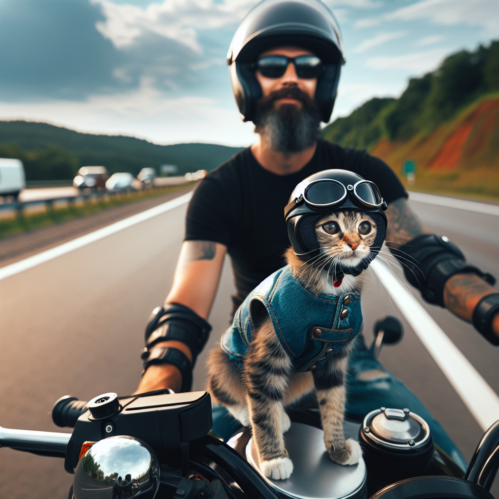Gato con su dueño en moto